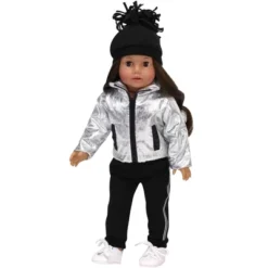 Sophia’s Silver Metallic Jacket, Black Side Stripe Joggers, & Knit Hat For 18” Dolls, Silver/Black