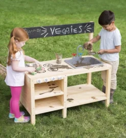 HearthSong Wooden Mud Kitchen & Sensory Play Station With Metal Accessories For Kids' Imaginative Play