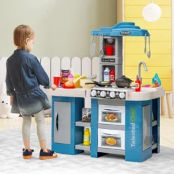 Costway Large Plastic Play Kitchen Set W/ 67 Pcs Cooking Accessories Food &Realistic Lights & Sounds