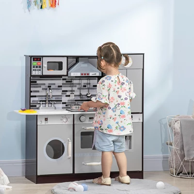 Qaba Wooden Play Kitchen With Lights Sounds, Kids Kitchen Playset With Washing Machine, Water Dispenser, Microwave, Range Hood, Refrigerator 2 Qaba Wooden Play Kitchen With Lights Sounds, Kids Kitchen Playset With Washing Machine, Water Dispenser, Microwave, Range Hood, Refrigerator