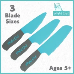 MindWare Playful Chef: 3 Safety Knives Set For Kids – Real Cooking Supplies – Safe For Ages 5 & Up – Plastic Blades With Serrated Edges