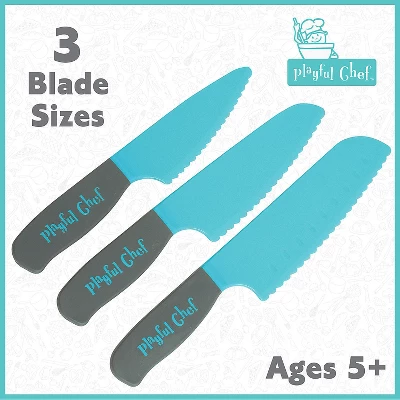 MindWare Playful Chef: 3 Safety Knives Set For Kids – Real Cooking Supplies – Safe For Ages 5 & Up – Plastic Blades With Serrated Edges 3 MindWare Playful Chef: 3 Safety Knives Set For Kids – Real Cooking Supplies – Safe For Ages 5 & Up – Plastic Blades With Serrated Edges