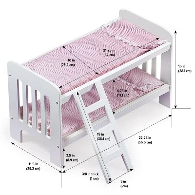 Badger Basket Doll Bunk Bed With Bedding, Ladder, And Free Personalization Kit - White/Pink/Gingham 9 Badger Basket Doll Bunk Bed With Bedding, Ladder, And Free Personalization Kit - White/Pink/Gingham - Image 7