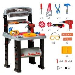 Qaba Kids Workbench 79-Piece Construction Playset Toy With Battery-Powered Drill, Hammer, Saw, Storage Tray For Ages 3+, Black And Gray -Best Toy Store GUEST b44c2dd6 73f6 49e0 8383 919ce44e4258